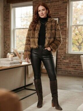 AKIRA Faux Fur Cropped Jacket in Brown and Black